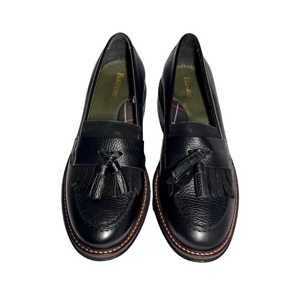 barbour “dolores” round toe leather loafers with tassels and red lining detail
